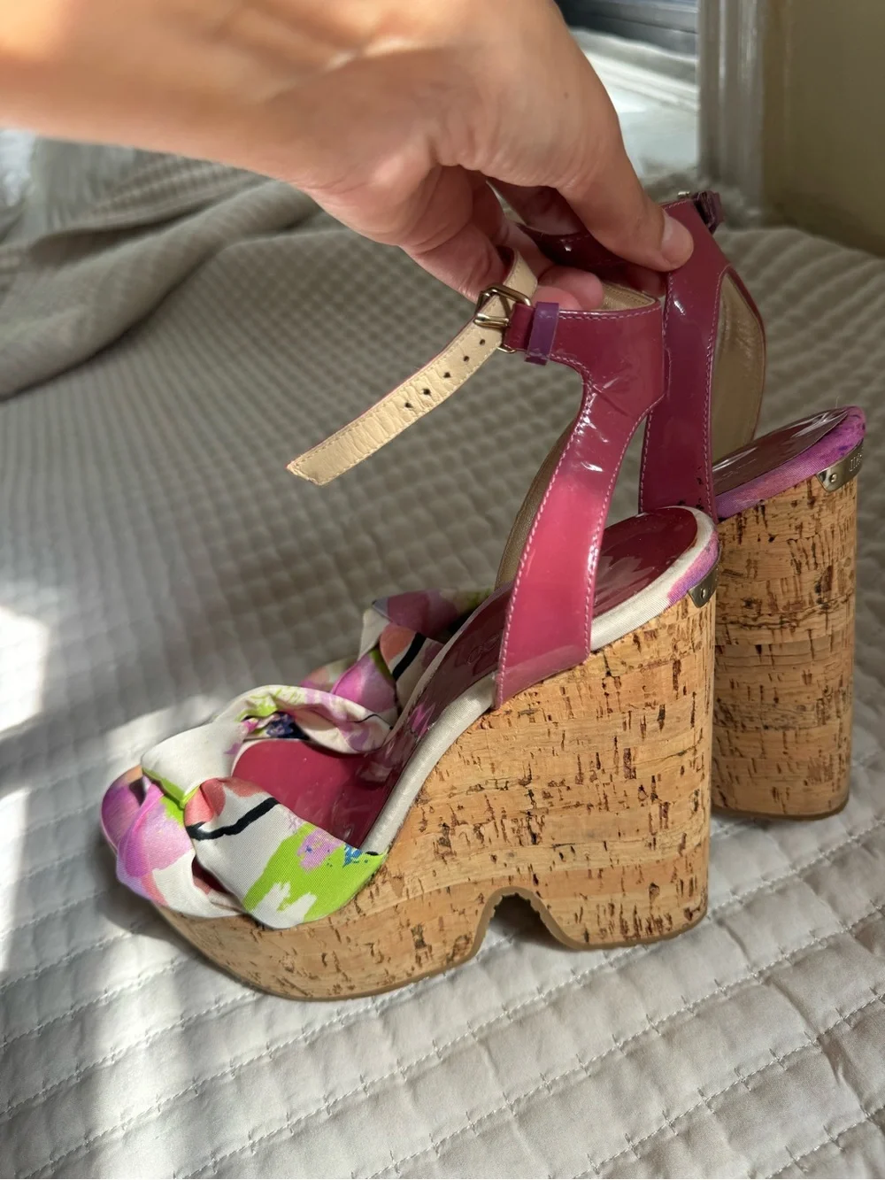 Jimmy Choo Patent Pink Platform Cork Wedge Sandals